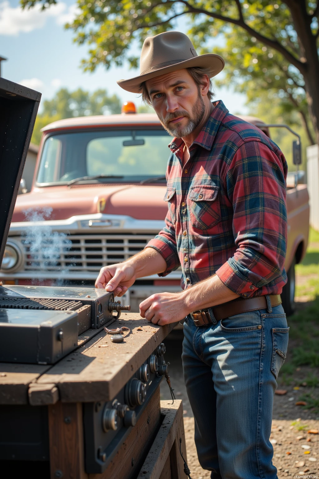 A man in a plaid shirt and cowboy hat stands beside a grill, with a vintage truck in the background.