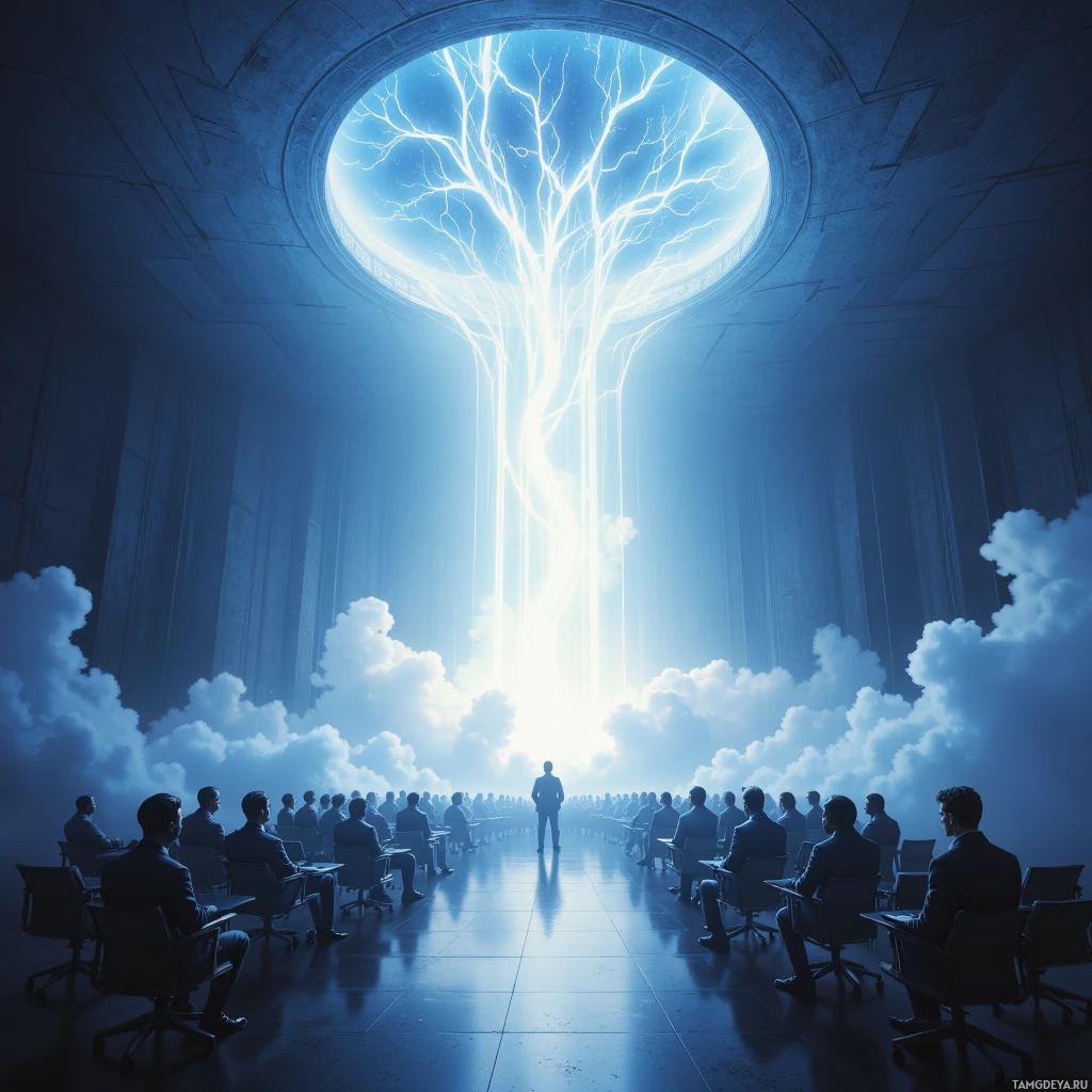 A group of people in suits sits facing a glowing, tree-like structure emitting light from a circular opening above.
