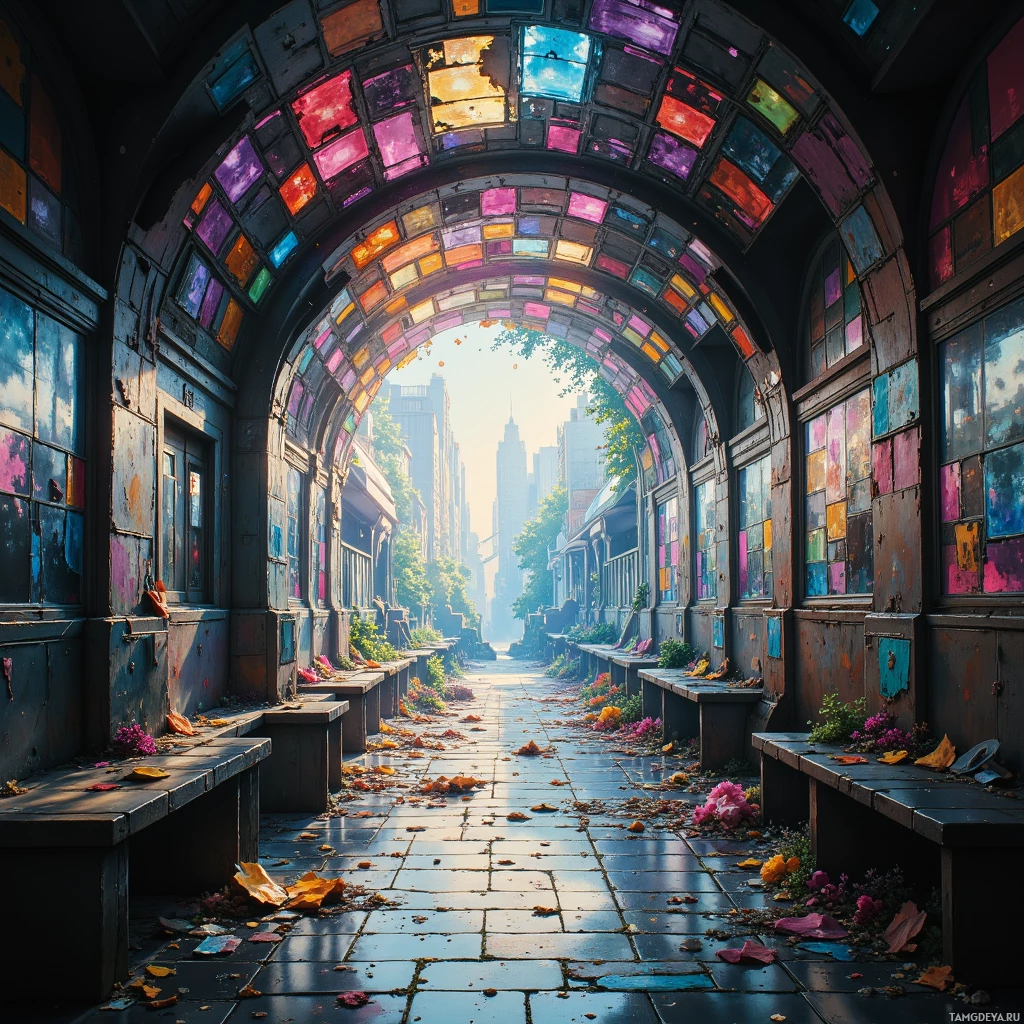 A vibrant, stained-glass archway leads to a sunlit cityscape with scattered flowers on the ground.