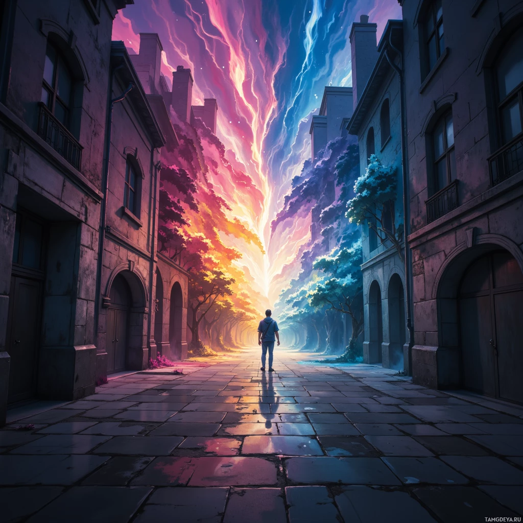 A person walks down a cobblestone street flanked by old buildings under a vibrant, colorful sky.