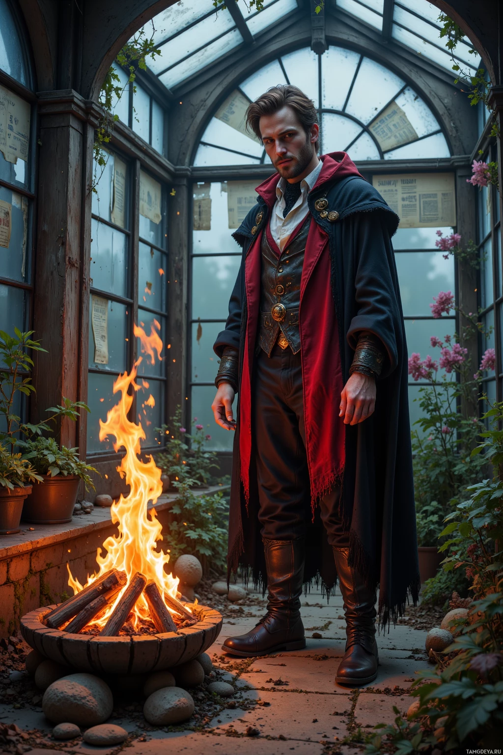A man in a dark coat and boots stands near a fire pit in a garden with a glass roof.