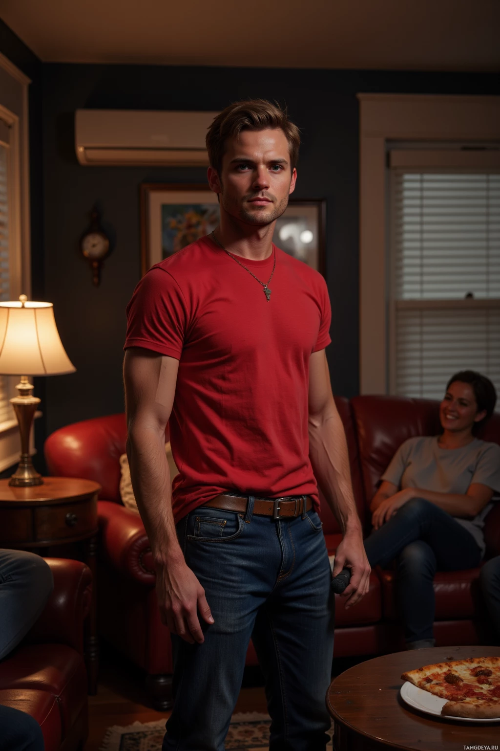 A man in a red t-shirt and jeans stands in a living room with a woman sitting on a couch in the background.