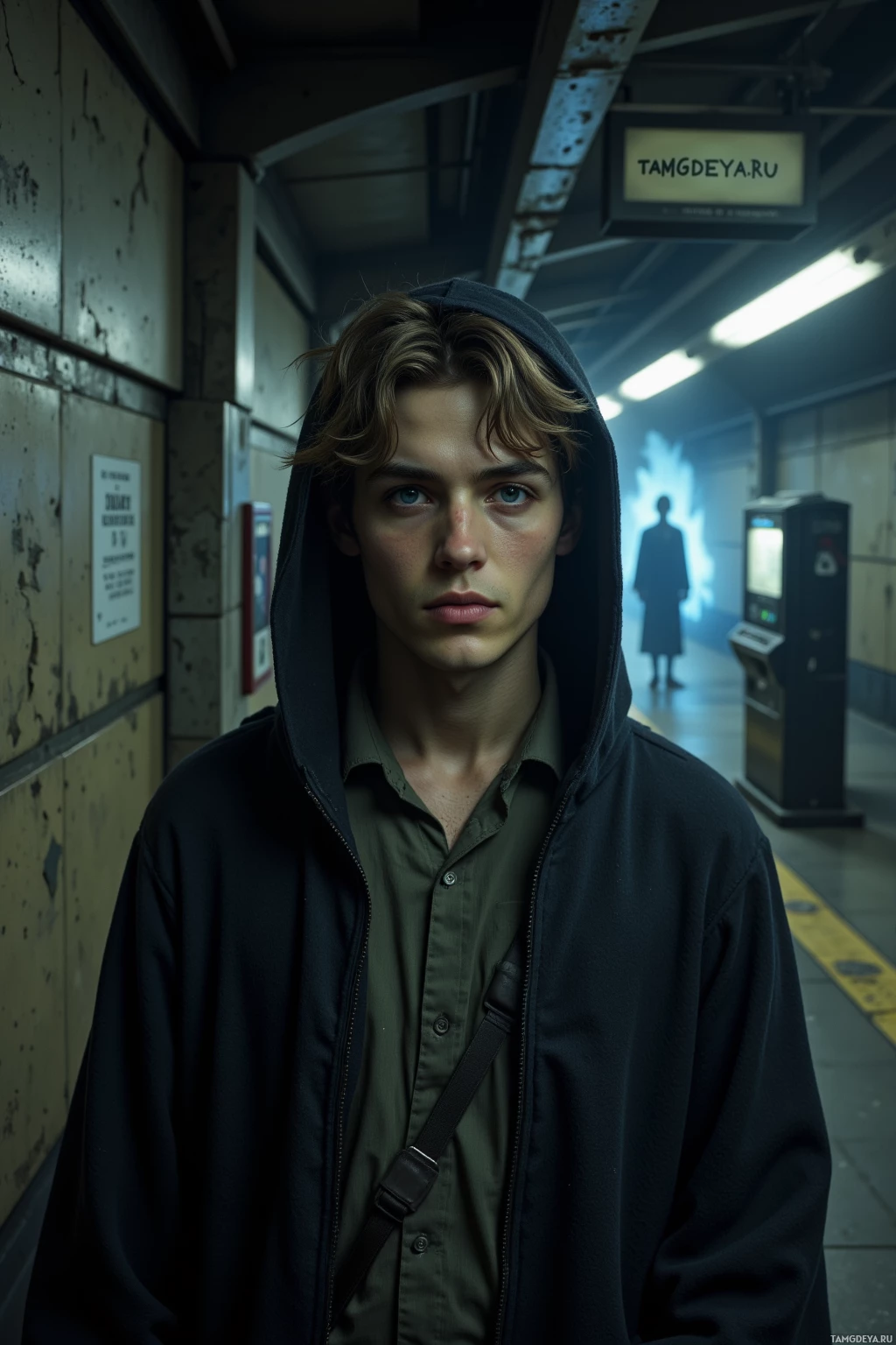 A young man in a hooded jacket stands in a dimly lit subway station.