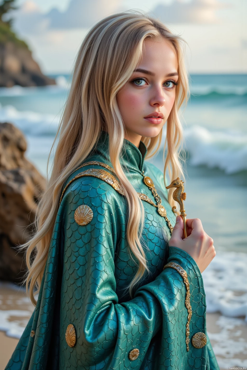 A woman in a green, scale-patterned outfit stands on a beach, holding a golden object.