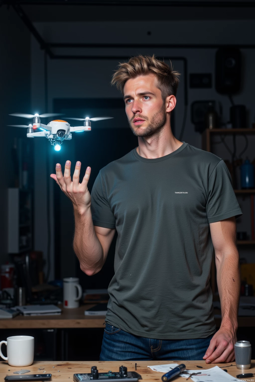 A person stands in a dimly lit room with a drone hovering above their hand.