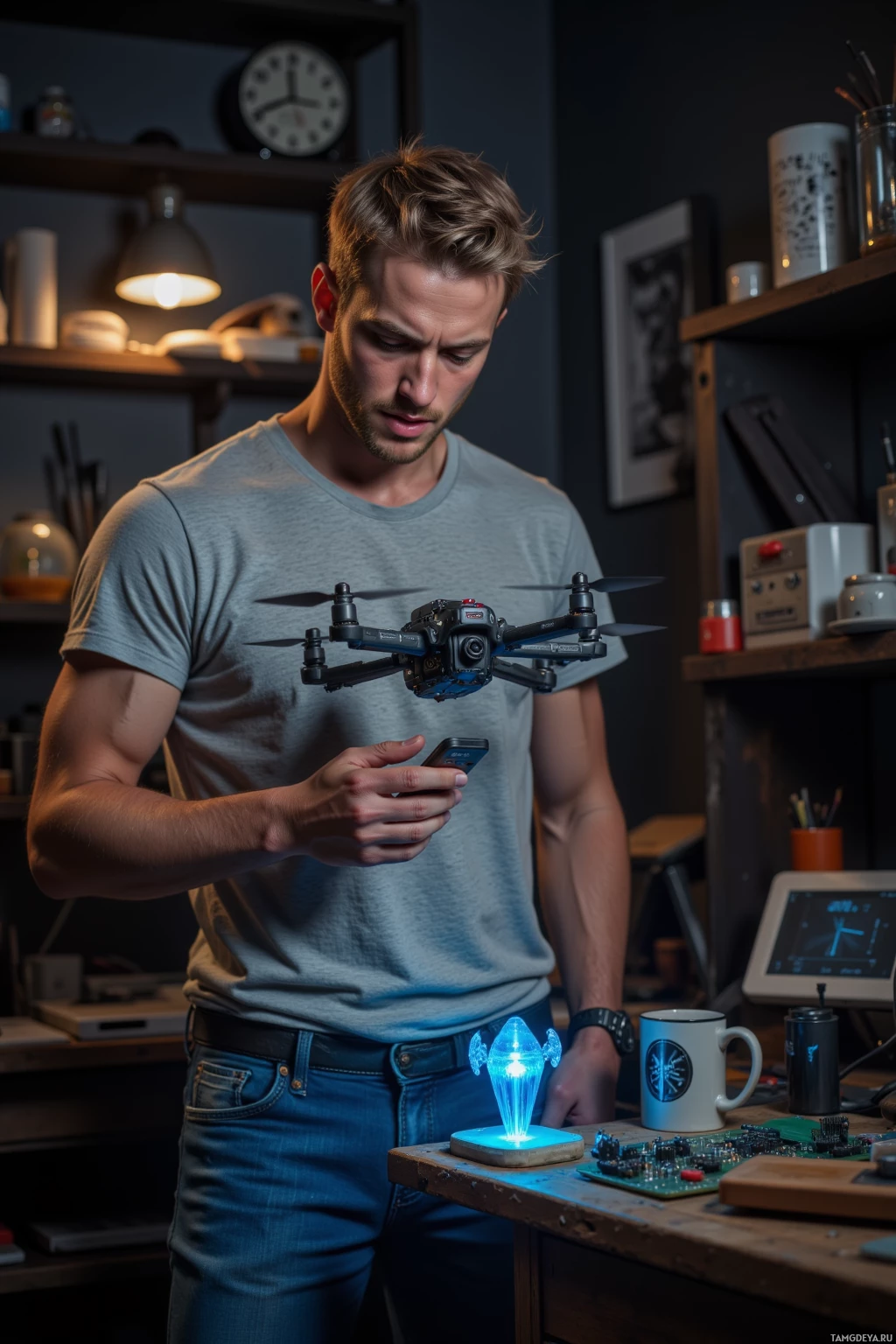 A man in a workshop setting uses a smartphone to control a hovering drone.