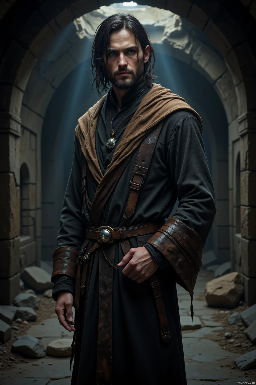 A man in a dark robe stands in a dimly lit stone archway.