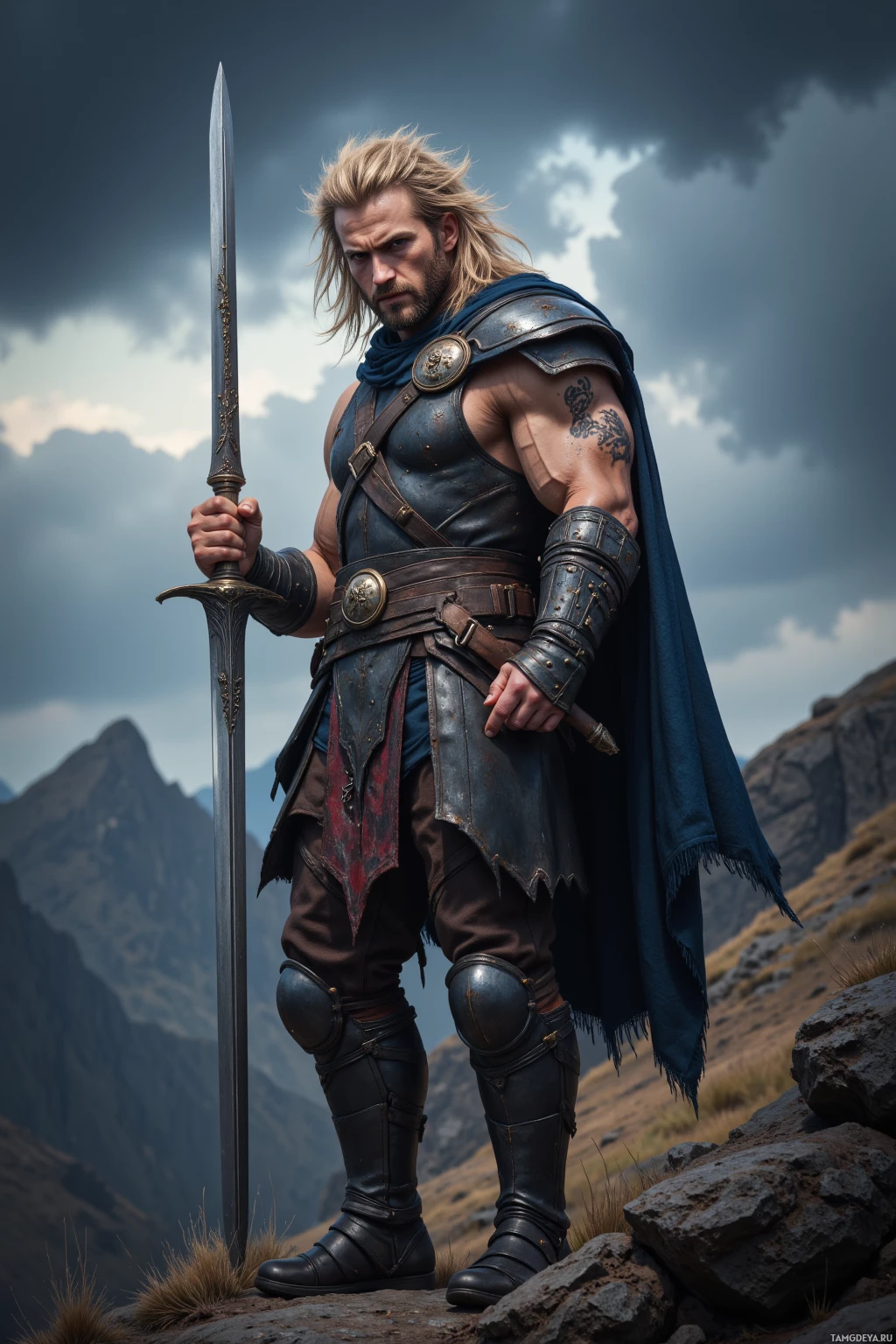 A warrior in armor stands on a rocky outcrop, holding a sword aloft against a dramatic sky.