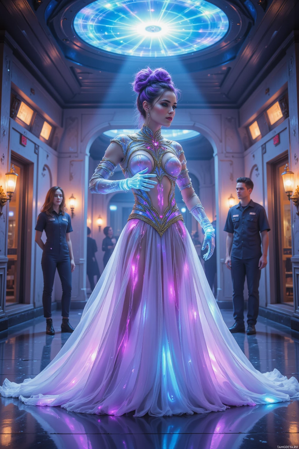 A woman in a futuristic, illuminated dress stands in a hallway with two uniformed individuals in the background.