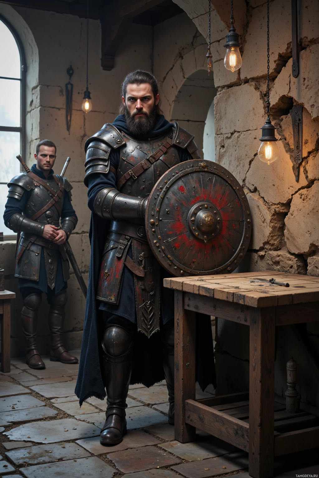 Two armored warriors stand in a rustic interior, one holding a shield.