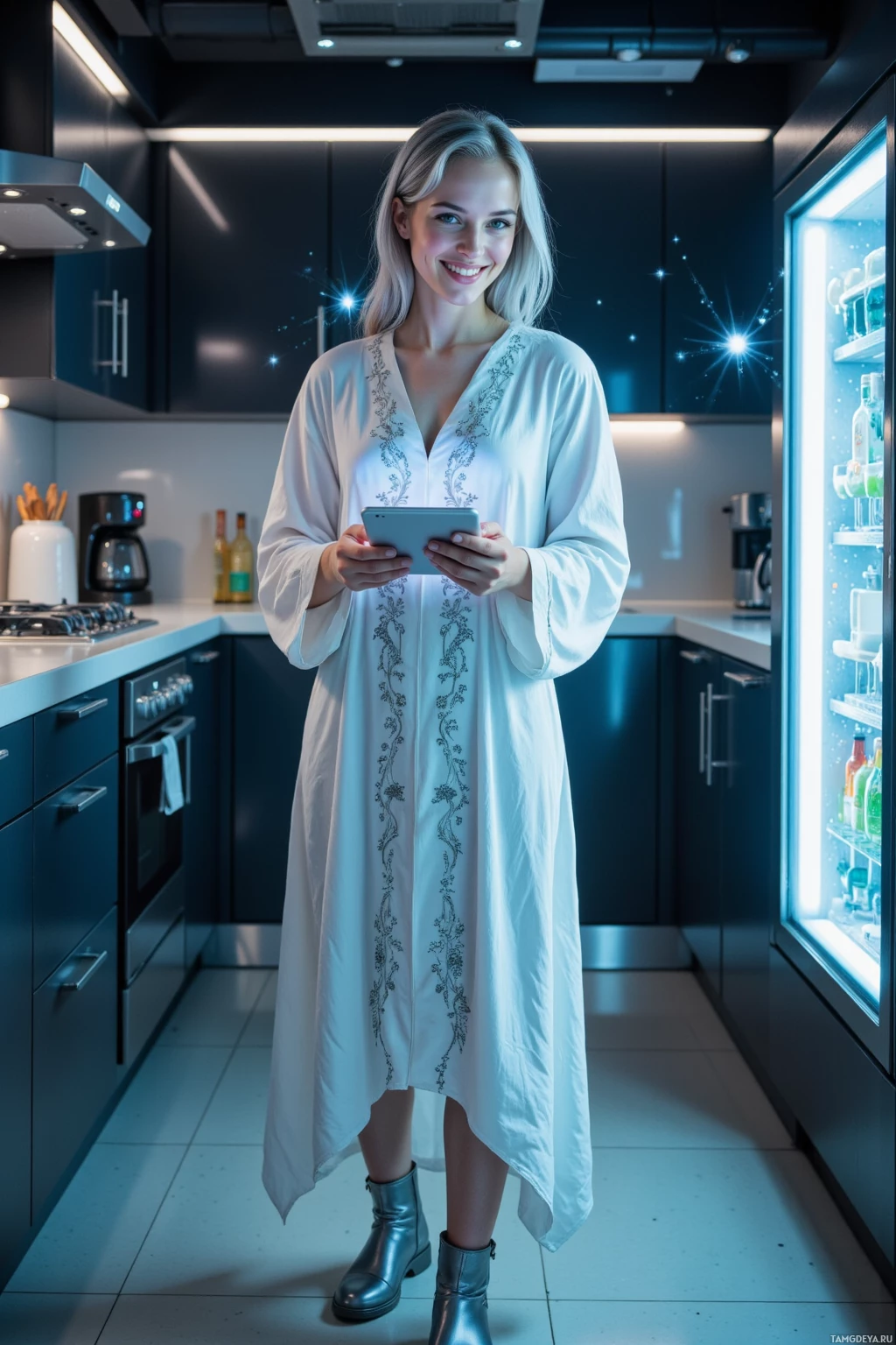 A woman in a white dress stands in a modern kitchen holding a tablet.