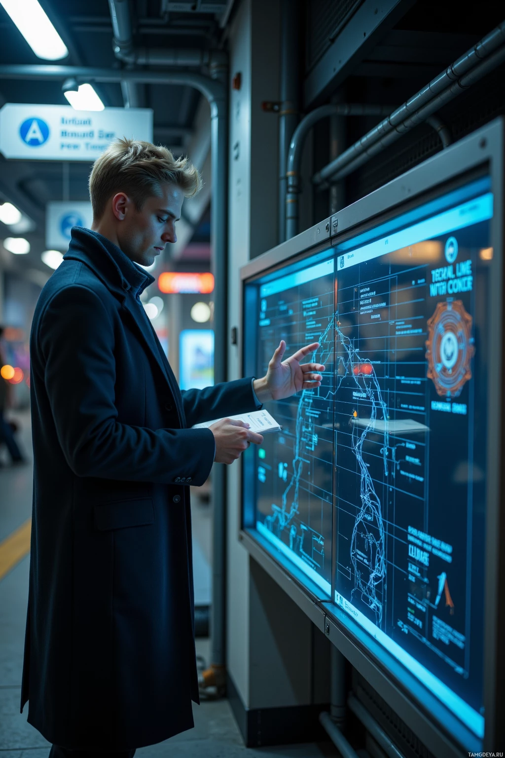A man in a coat interacts with a large digital display in a modern setting.