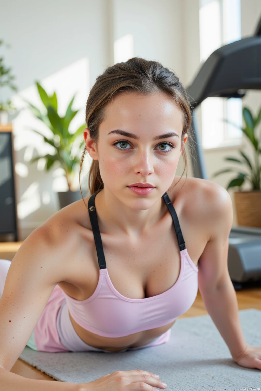 A woman in a pink sports bra is doing a plank exercise on a mat in a well-lit room.