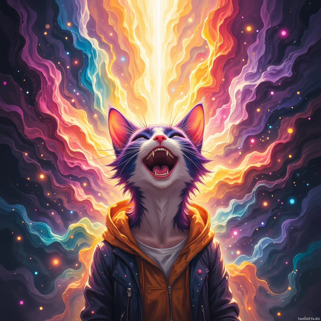 A vibrant, cosmic-themed illustration featuring a cat-like figure with a colorful, radiant aura and a dynamic, energetic expression.