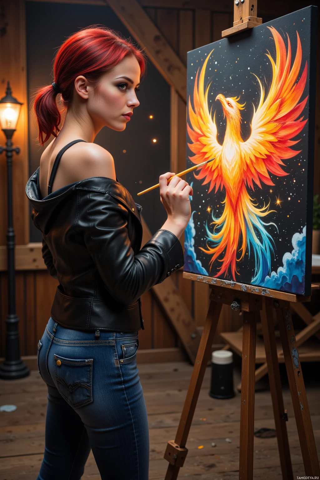A woman in a leather jacket paints a vibrant phoenix on a canvas.