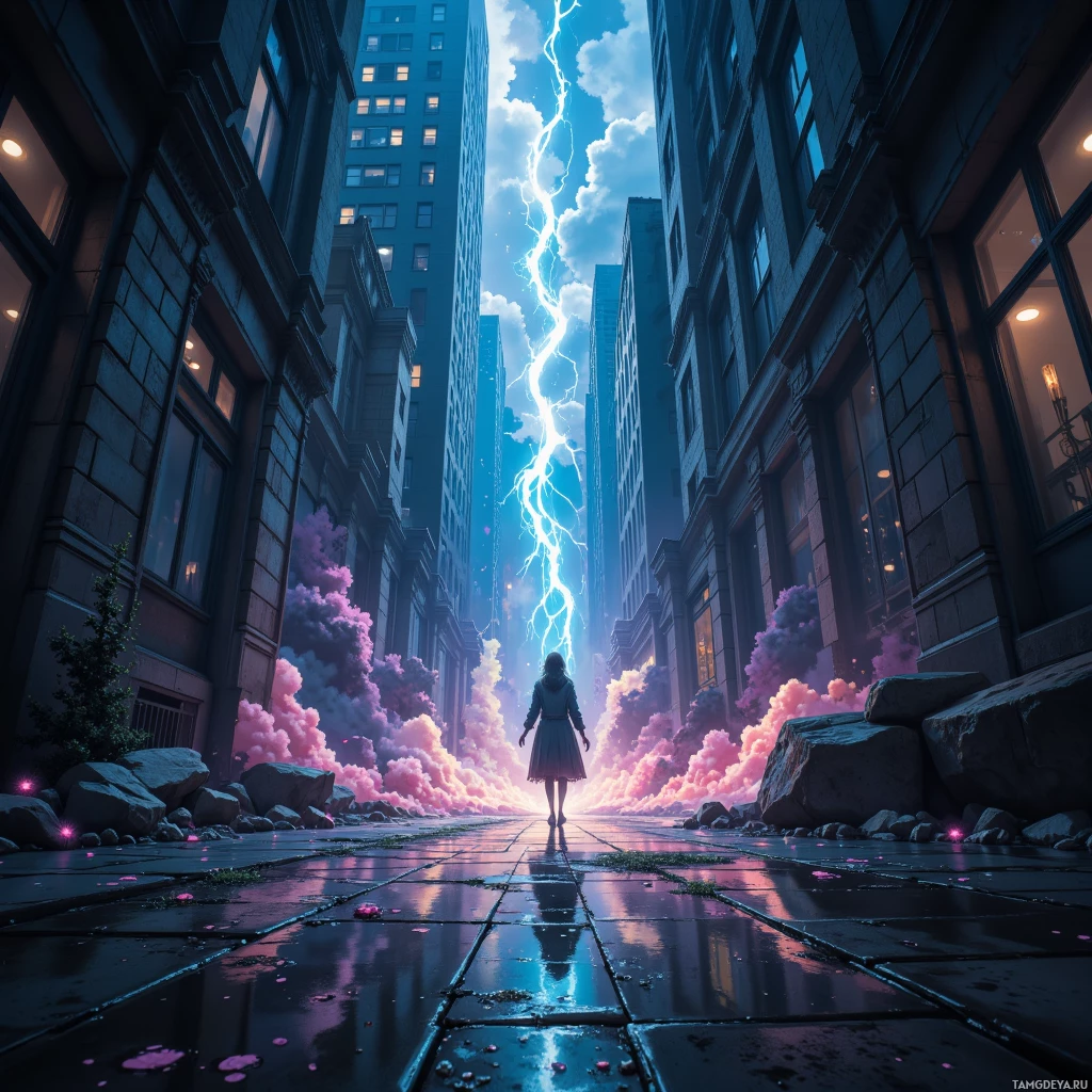A lone figure stands at the end of a city alley, facing a bright, glowing lightning bolt in the sky.