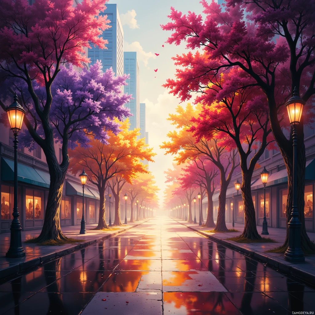 A vibrant city street lined with colorful autumn trees and illuminated by warm streetlights.