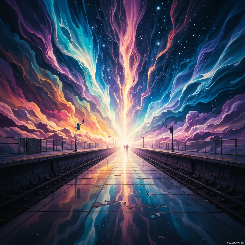 A vibrant, cosmic scene with a train platform leading towards a bright, star-filled sky.