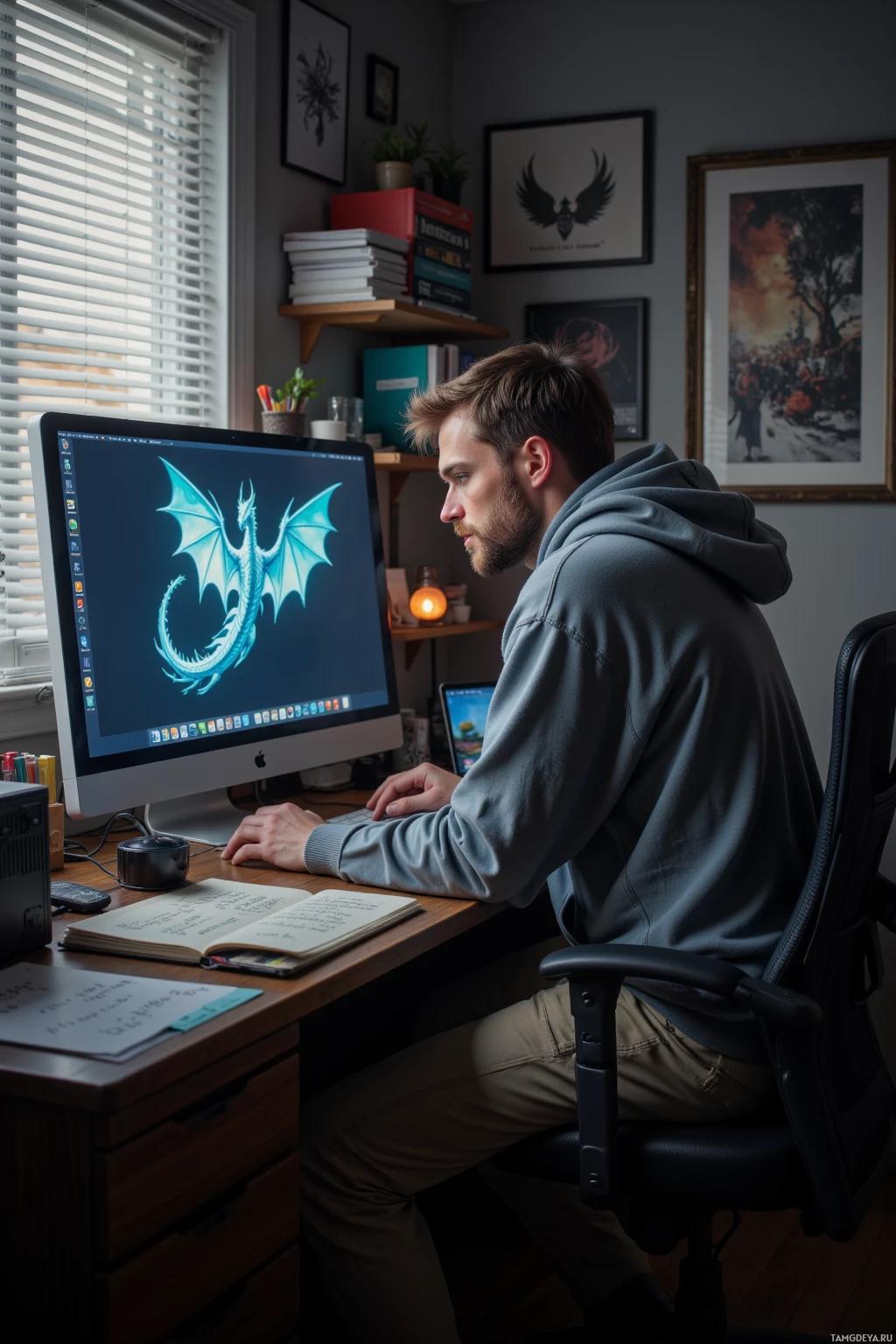 A person works at a desk with a computer displaying a dragon wallpaper, surrounded by books and framed pictures.