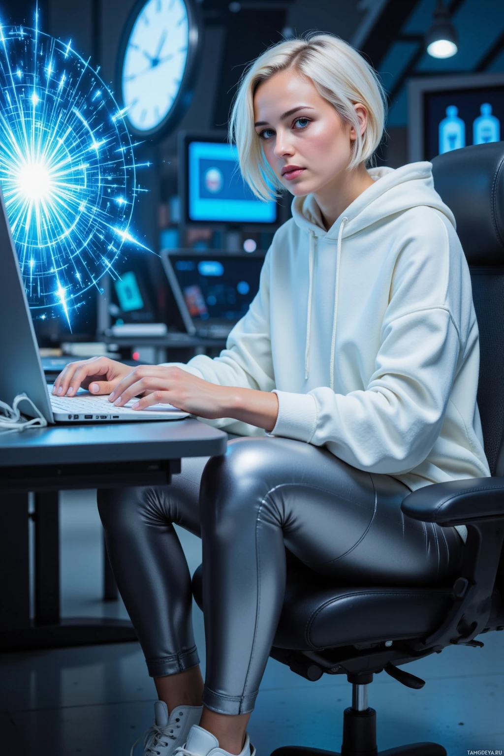 A person in a hoodie and shiny pants is seated at a desk, working on a laptop in a modern, tech-themed environment.