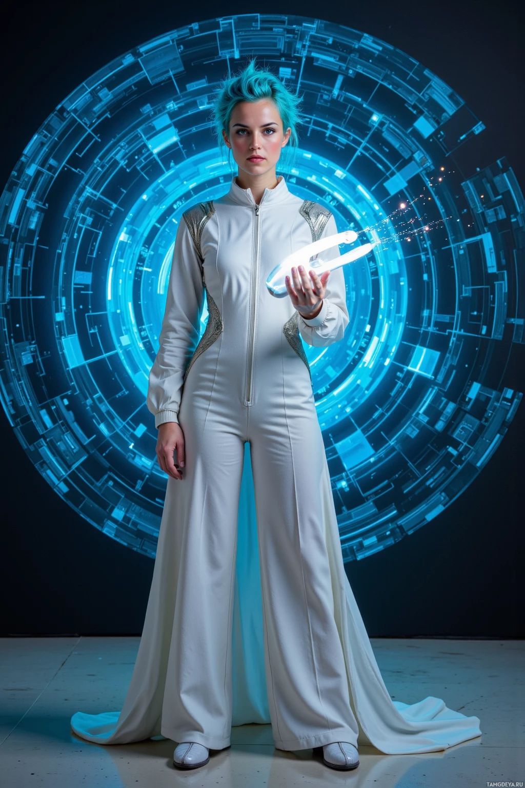 A person in a futuristic white jumpsuit stands against a glowing blue circular background.