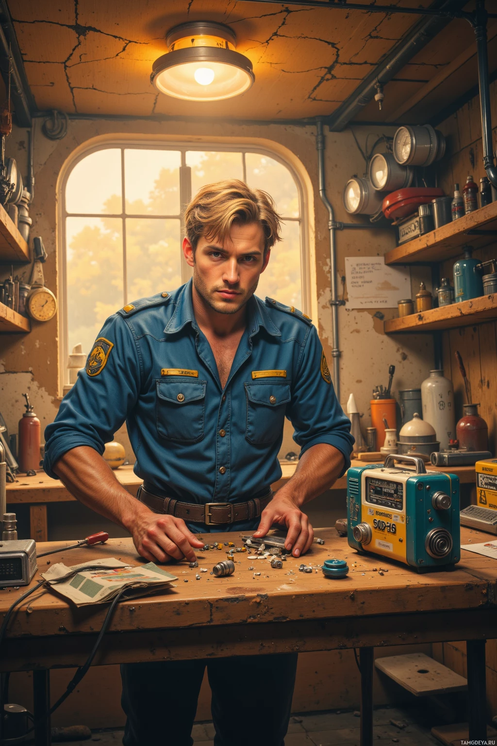A man in a blue uniform stands in a workshop, surrounded by tools and equipment.