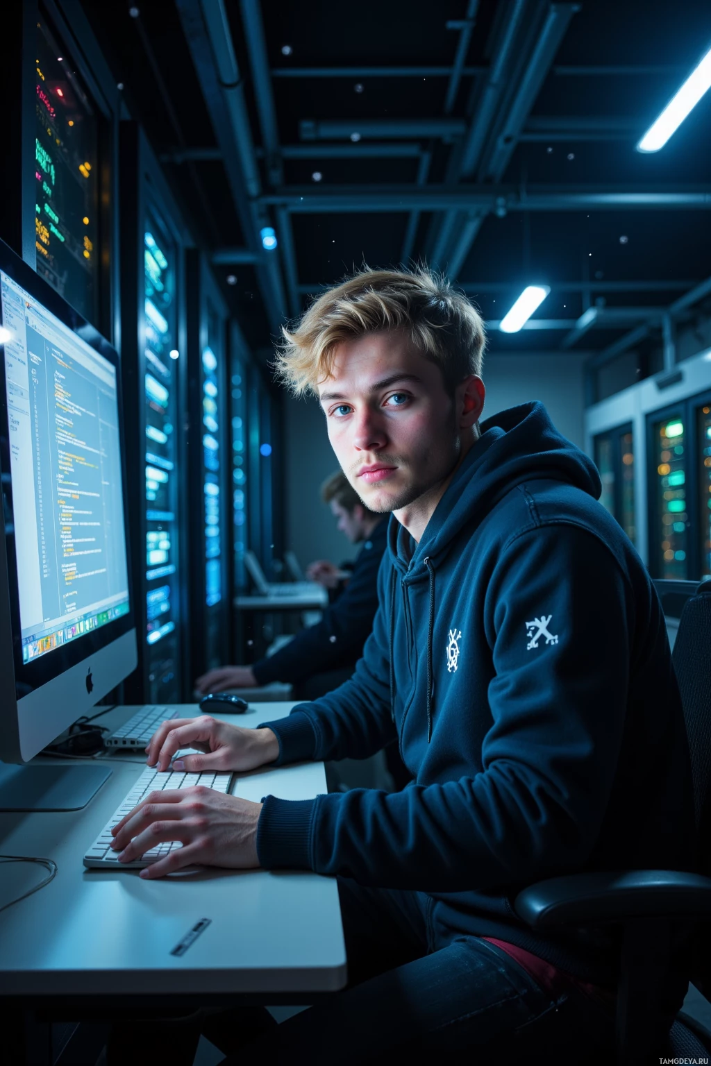 A person in a hoodie works at a computer in a server room.