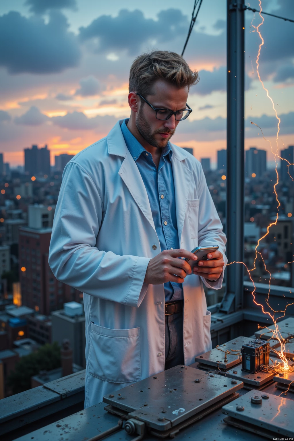 A man in a lab coat stands on a rooftop, using a smartphone with a cityscape and sunset in the background.