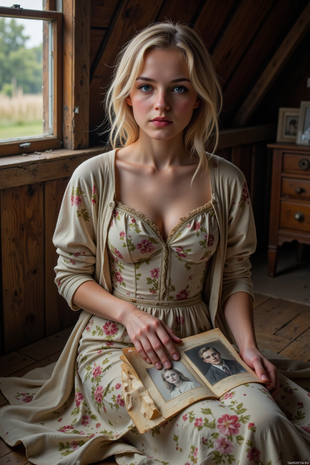 A woman in a floral dress sits indoors, holding an old photograph.