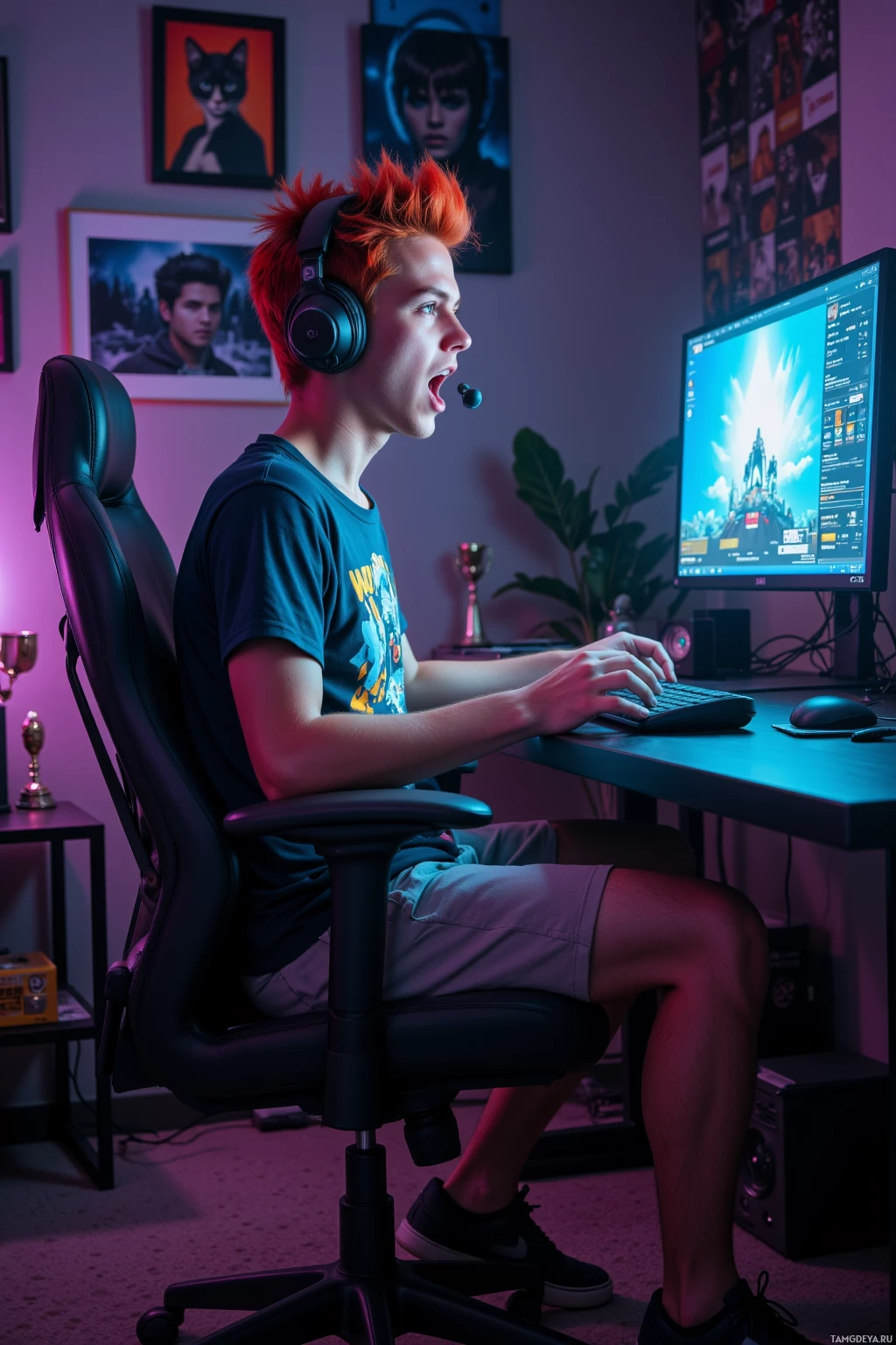 A person with red hair wearing headphones is sitting in a gaming chair, focused on a computer screen.