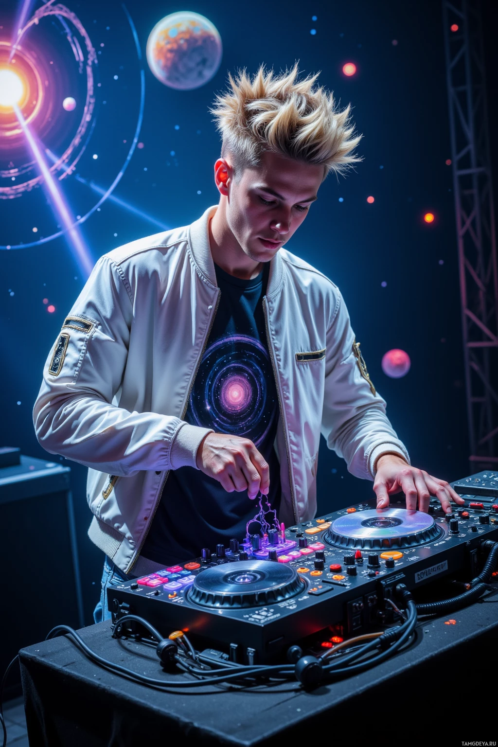 A DJ operates a turntable setup with a cosmic-themed background.