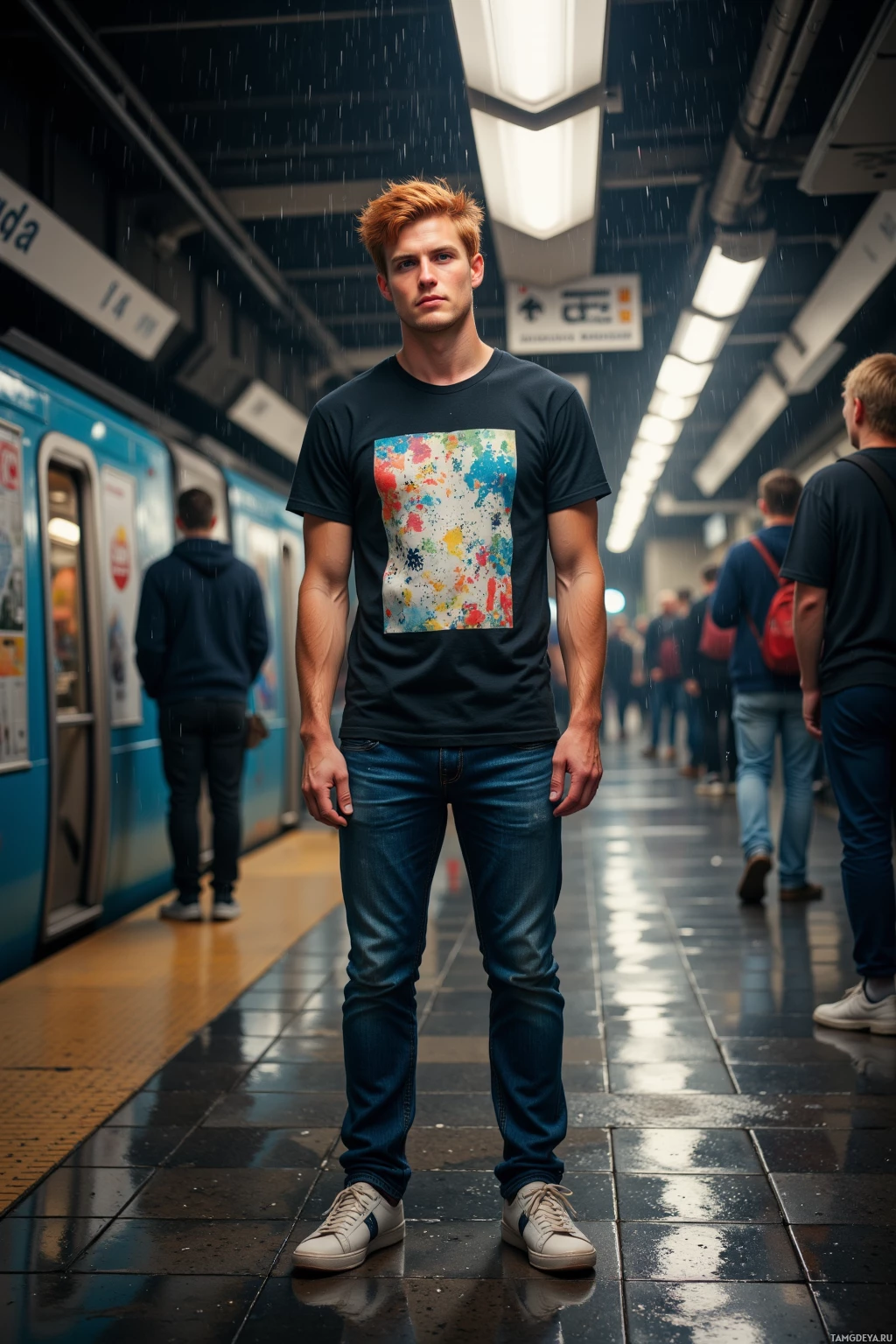 A man stands on a subway platform wearing a dark t-shirt with a colorful graphic and jeans.