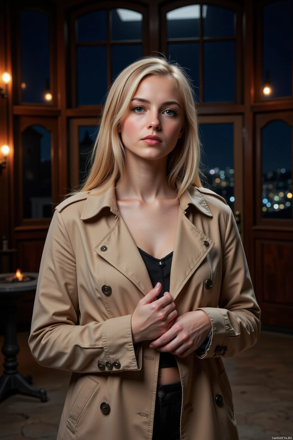 A woman in a beige trench coat stands indoors with a cityscape visible through the windows behind her.