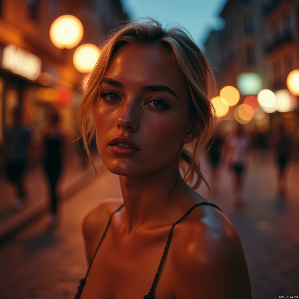 A woman with blonde hair stands on a street at dusk, illuminated by warm lights.