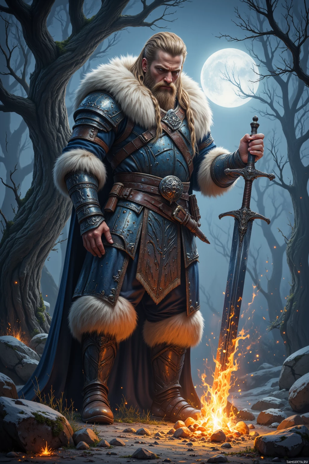 A warrior in blue armor stands in a forest with a glowing sword and a fire nearby.