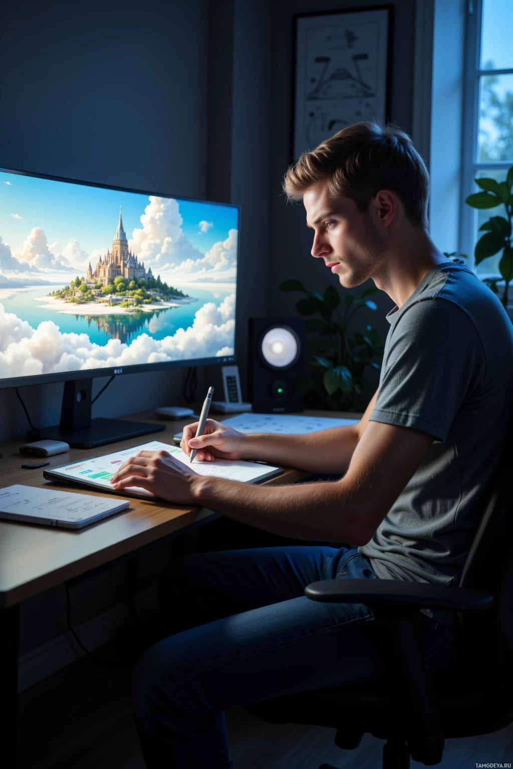 A person is sitting at a desk, writing in a notebook with a computer monitor displaying a scenic image in the background.