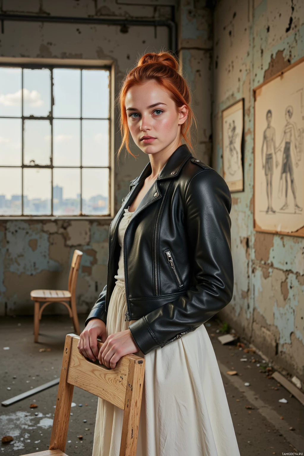 A woman in a leather jacket and skirt stands in a room with peeling walls and a window.