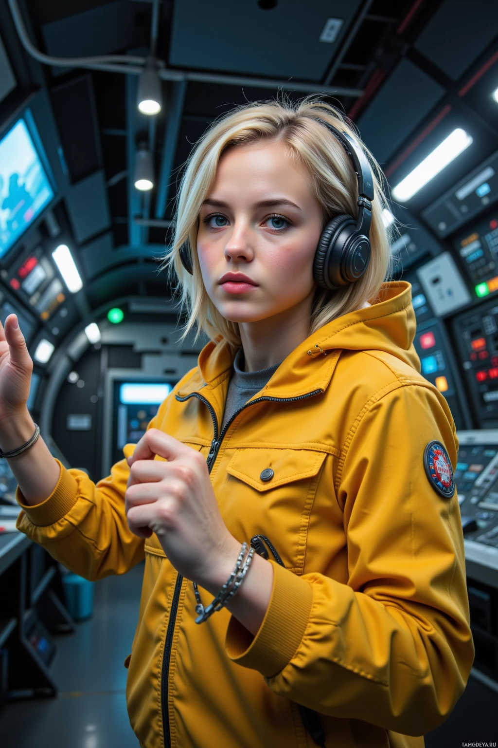 A person wearing a yellow jacket and headphones stands in a futuristic control room.