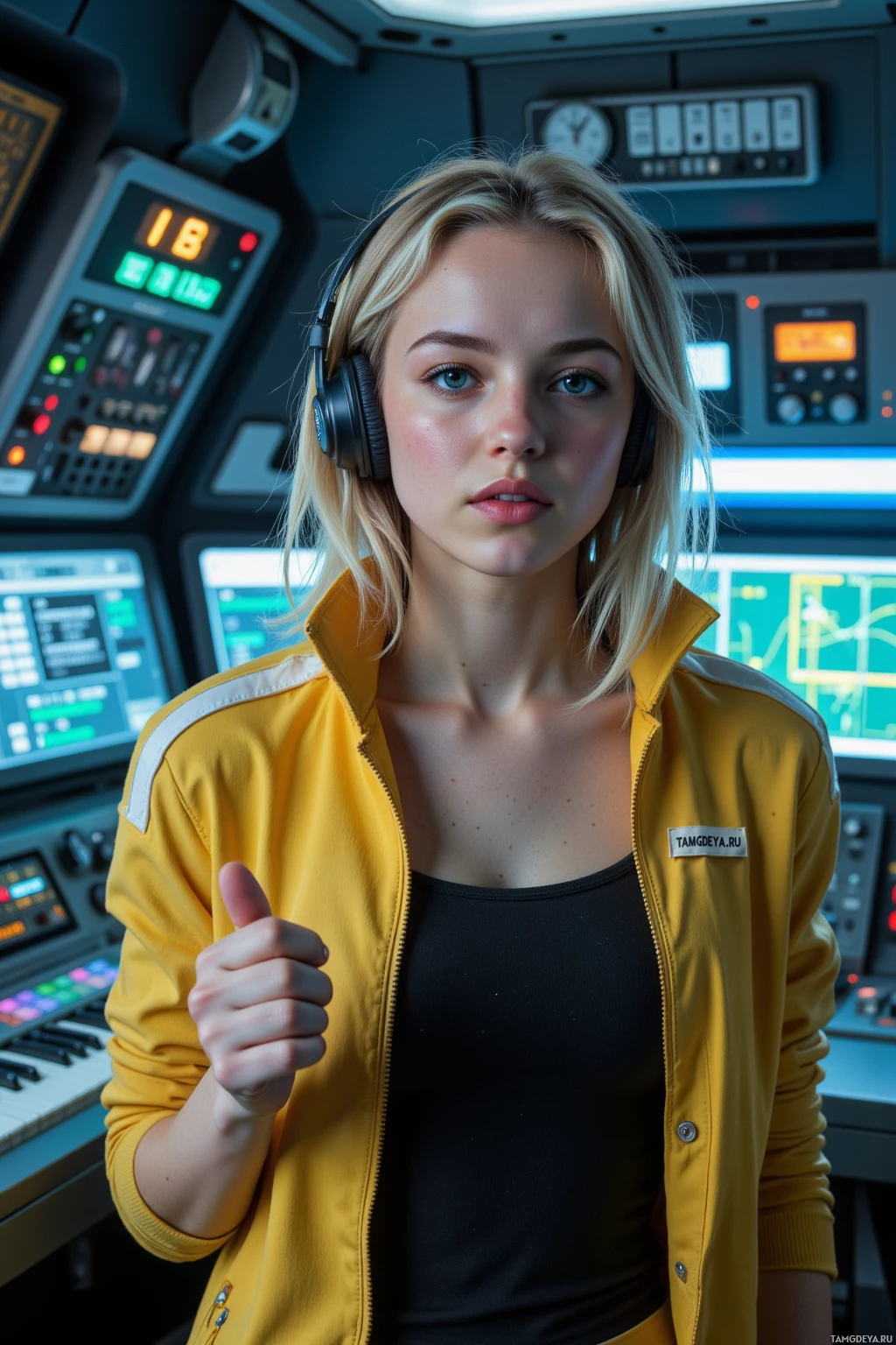 A person in a yellow jacket giving a thumbs-up in a futuristic control room.