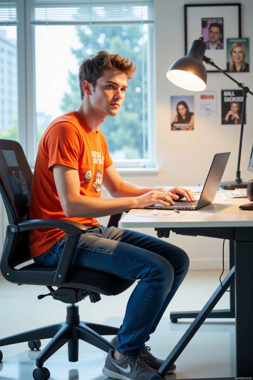 A person in an orange shirt works on a laptop in a well-lit office.