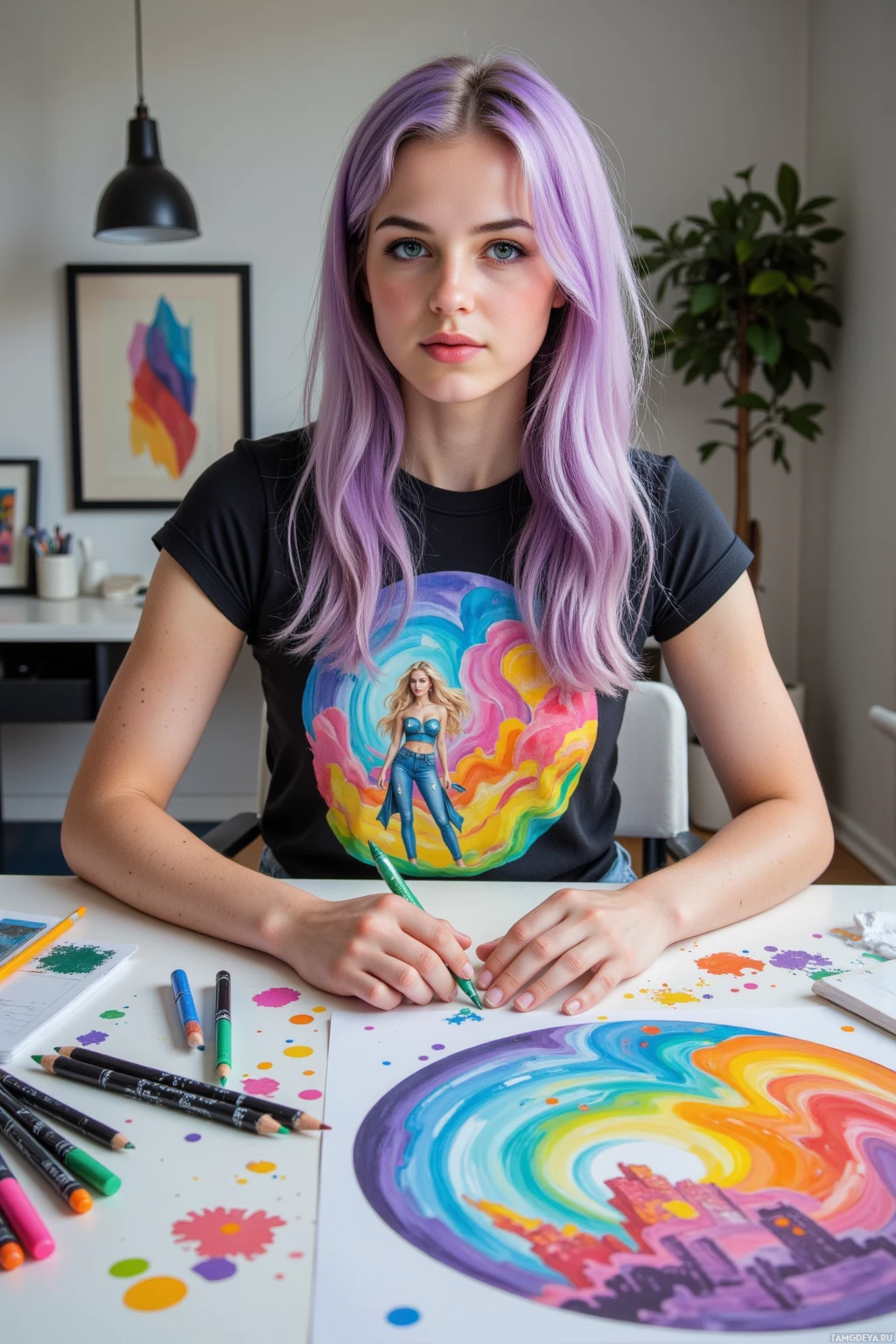 A person with purple hair sits at a desk, holding a green marker, with a colorful abstract painting and art supplies around them.