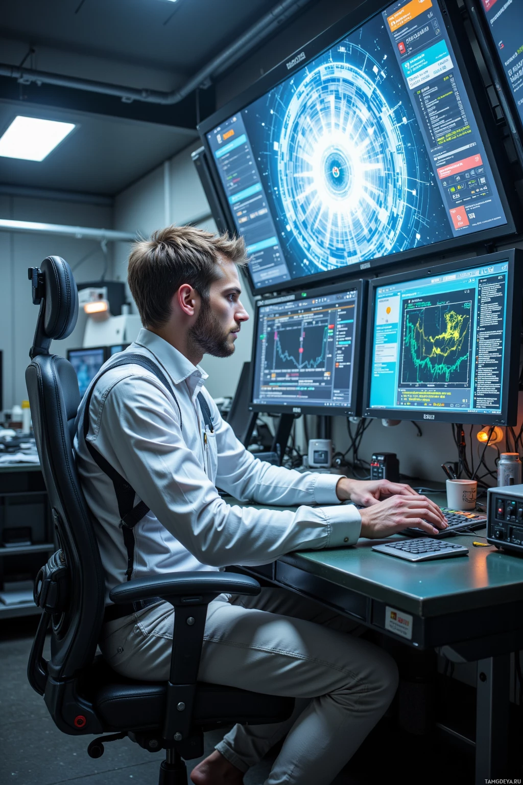 A person is seated at a desk working on a computer with multiple monitors displaying complex data and graphics.