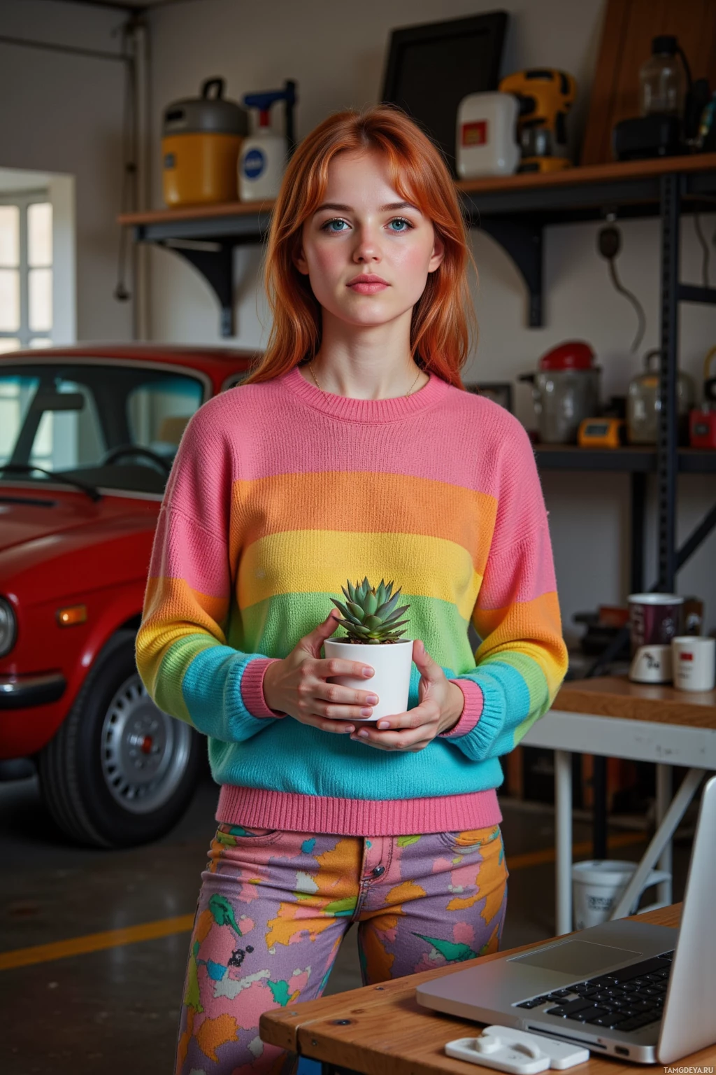 A person in a colorful striped sweater holds a small potted plant in a garage setting.
