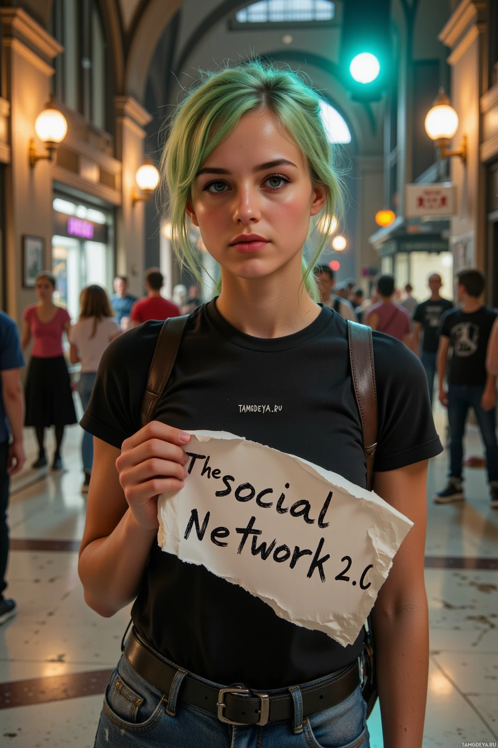 A person holds a torn paper sign reading "The social network 2.0" in a busy indoor setting.