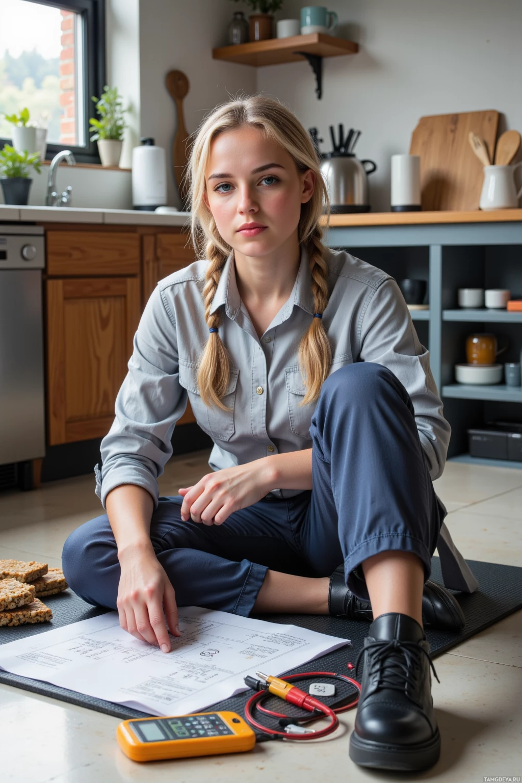A person sits on the floor in a kitchen, surrounded by kitchen items and technical equipment.