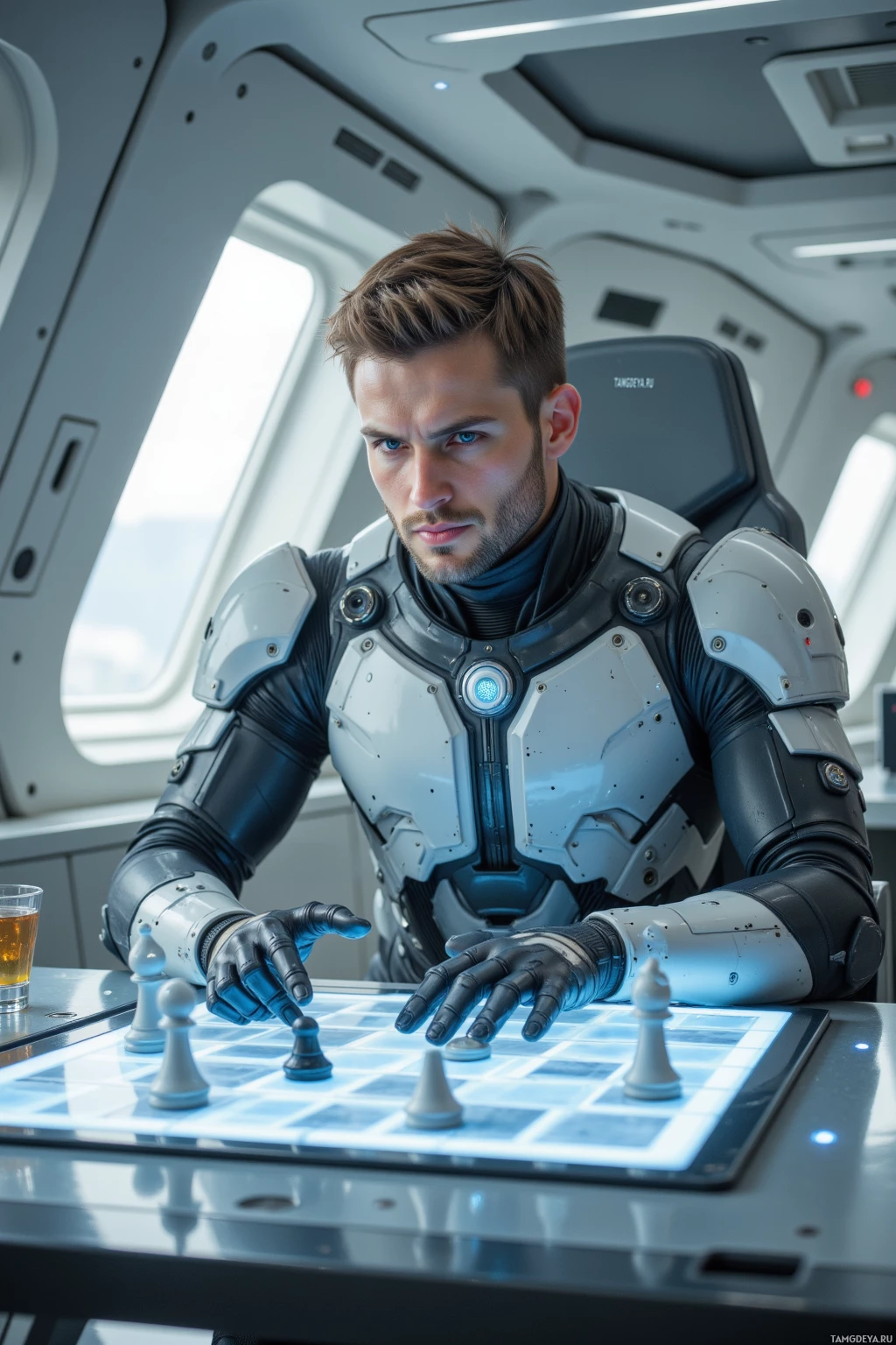 A person in futuristic armor plays chess in a high-tech environment.