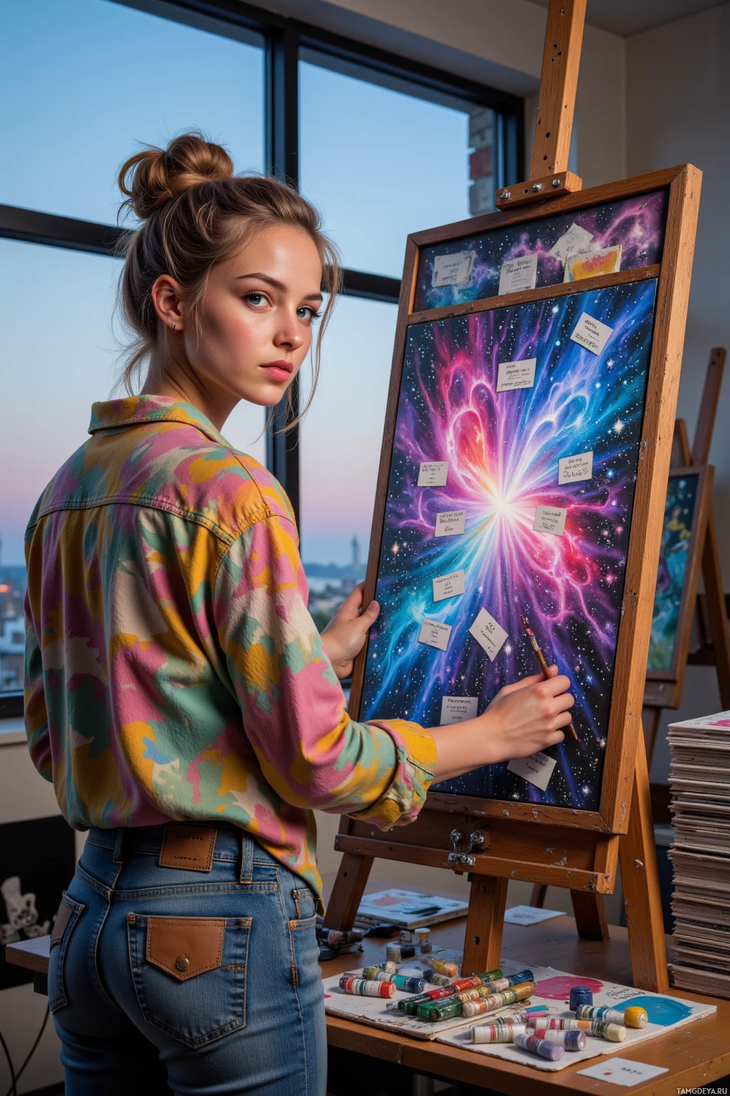 A person wearing a colorful jacket is painting a vibrant cosmic scene on an easel.