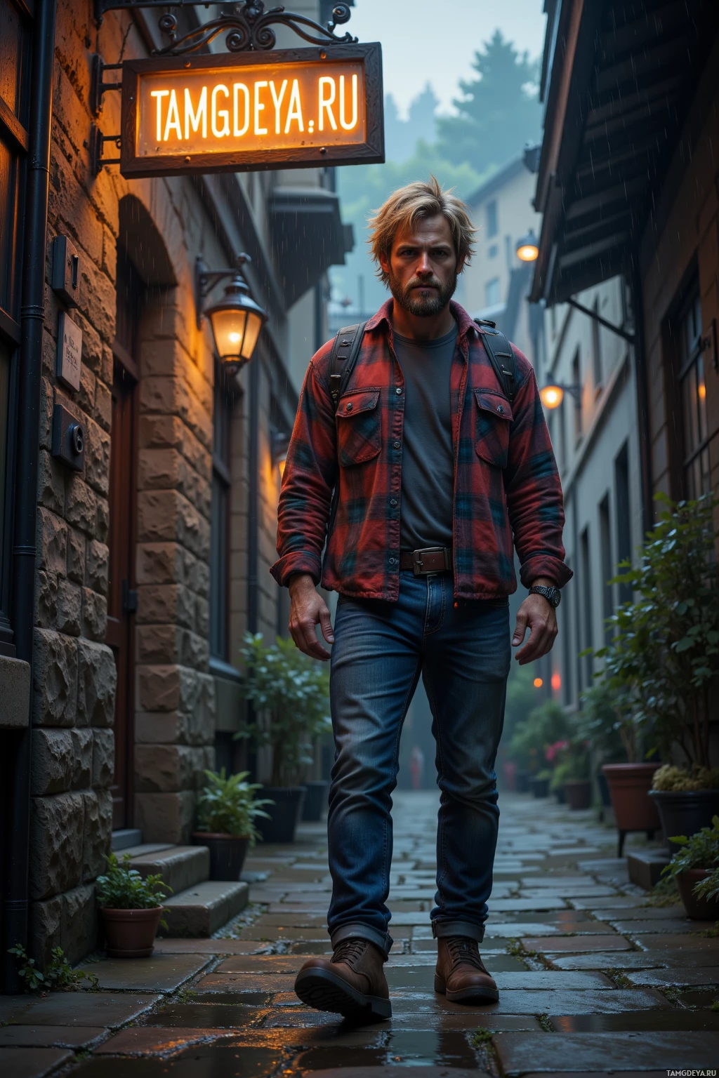 A man stands in a narrow alleyway under a neon sign reading "TAMGDEYA.RU.