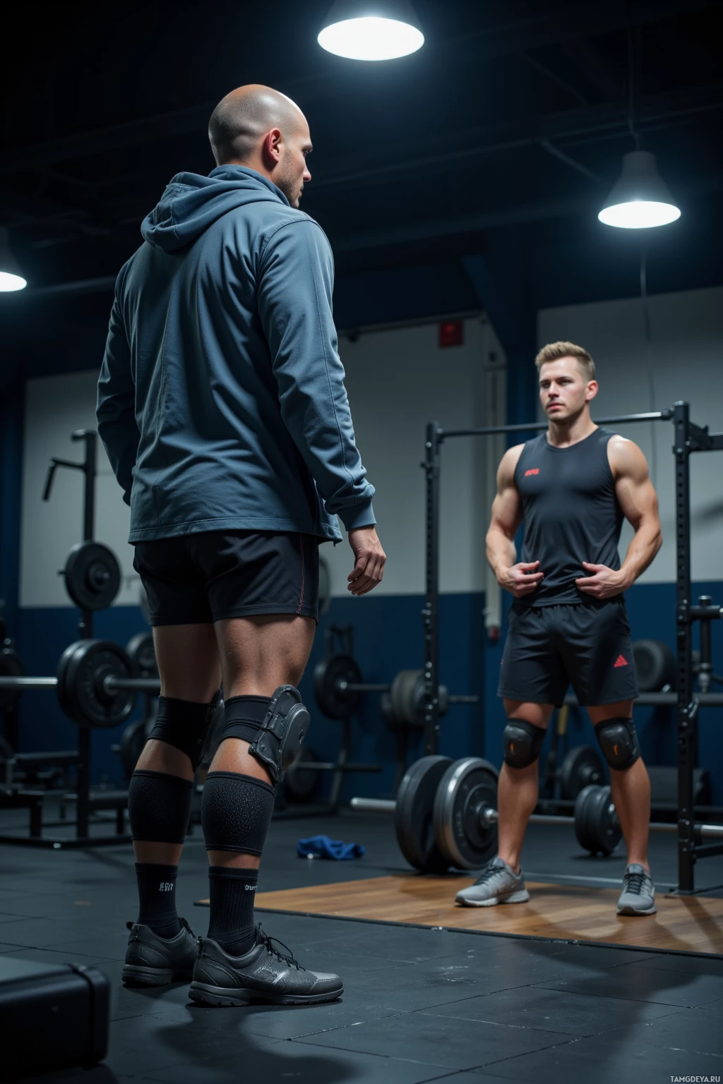Two men in a gym, one in a hoodie and the other in athletic wear, standing facing each other.