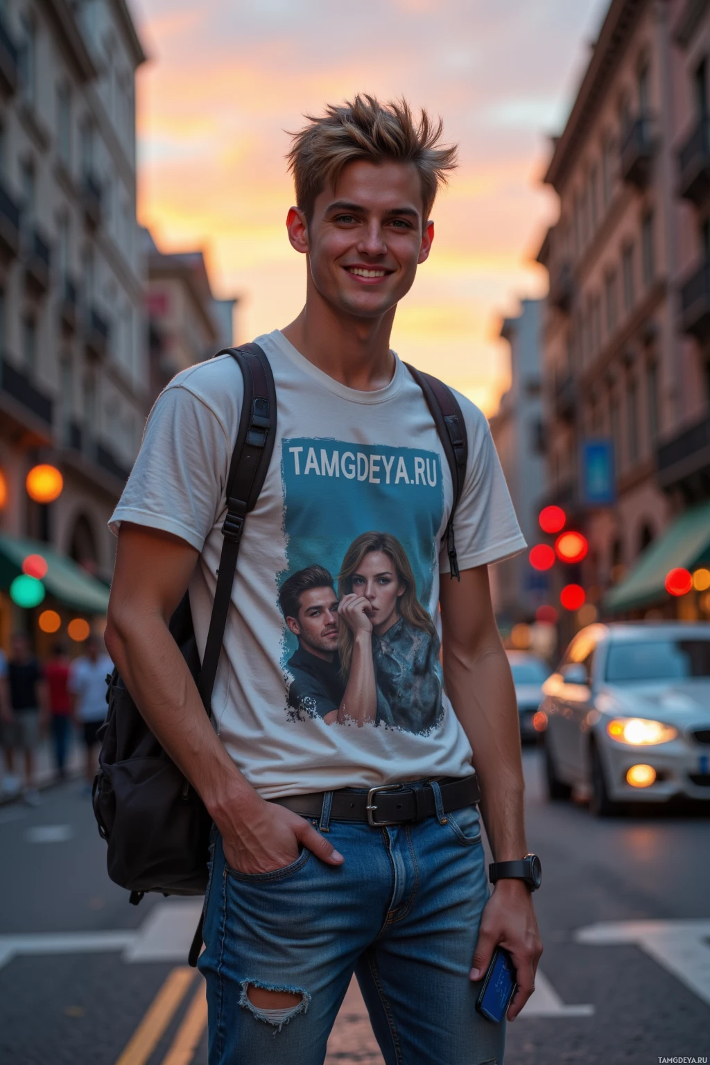 A young man stands on a city street at dusk, wearing a t-shirt with a graphic design and carrying a backpack.